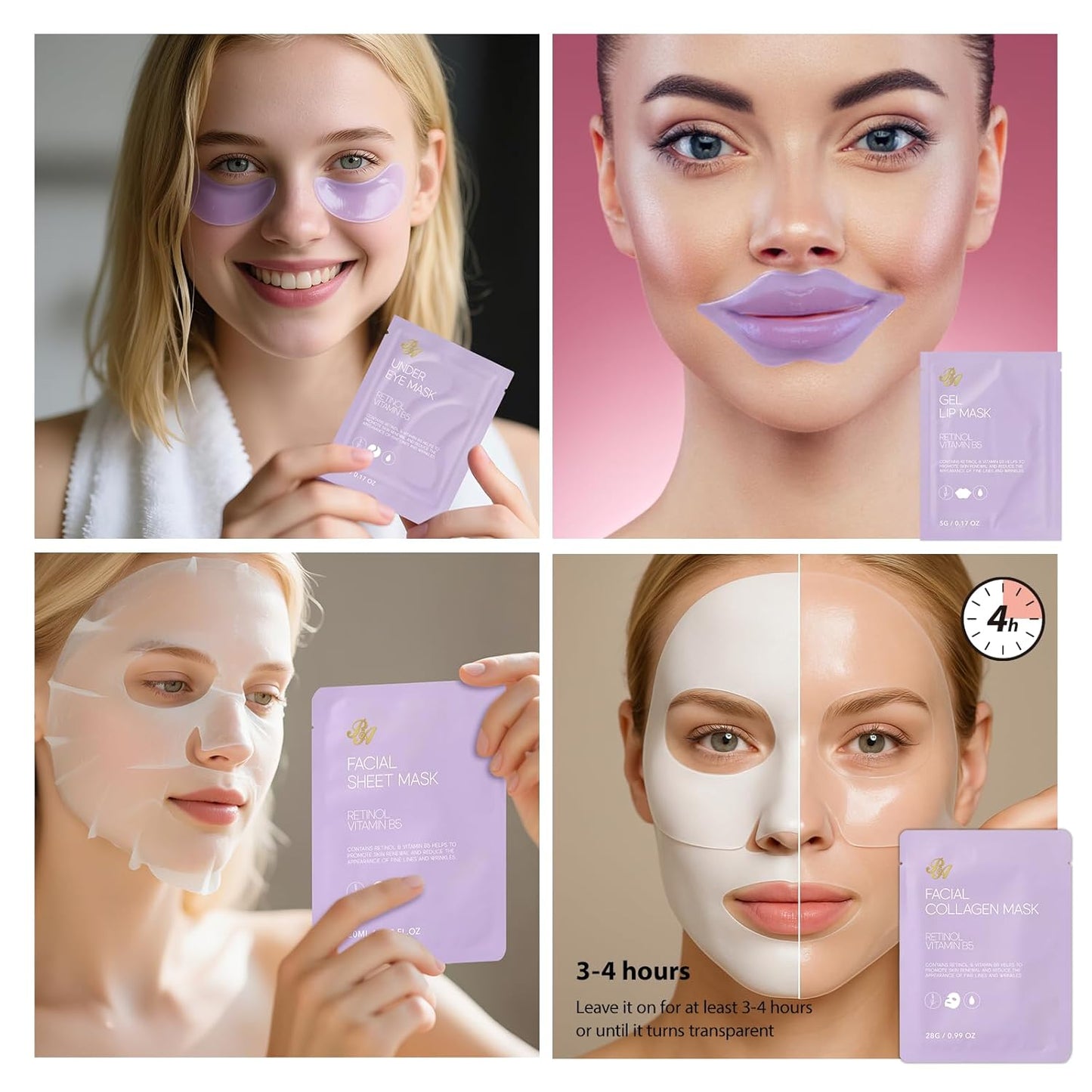 Lavender Face Sheet Mask Pack, 55Pcs Skin Care Kit for Women, Overnight Collagen Mask, Gel Lip Mask, Clay Mask, Hyaluronic Acid Face Serum, Spa Headband, Beauty Care, Christmas, Birthday, Mother Day