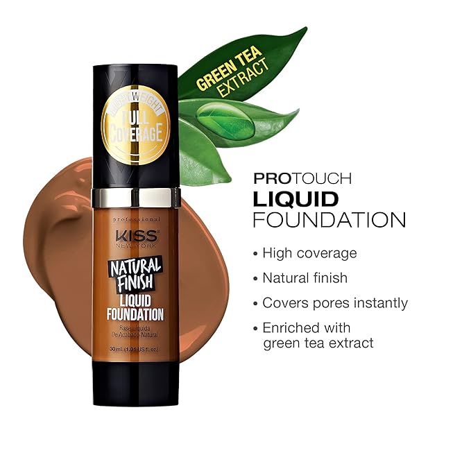 Kiss New York Professional Liquid Foundation - Lightweight and Hydrating Formula, Natural Finish, Control Shine, Cover Pores, Medium to Full Coverage, Green Tea Extract (Warm Coconut)