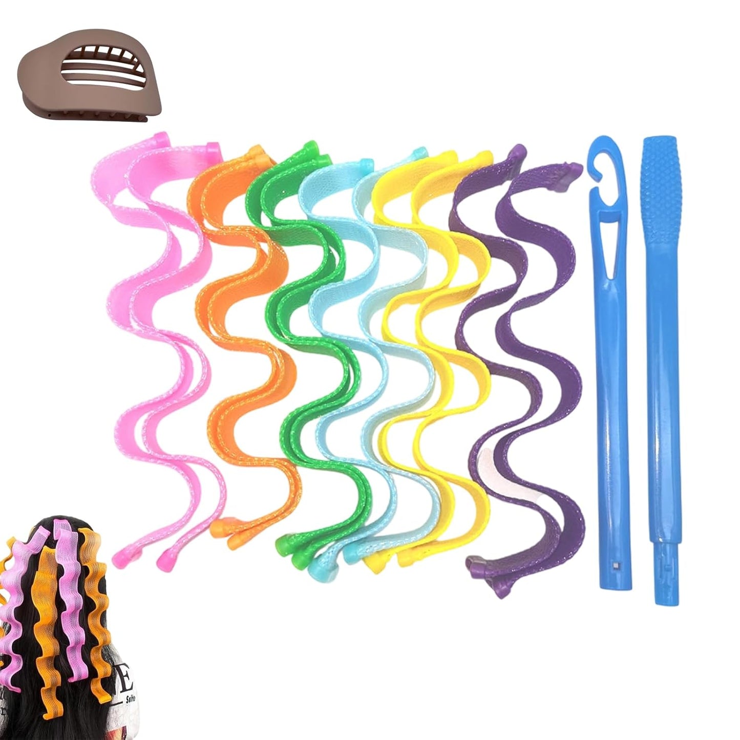Heatless Hair Curling Set, Hair Curlers Spiral Curls No Heat Wave, Spiral Curls Styling Kit, Satin Heatless Curling Set Short Hairs, for All Hairs Lengths with Styling Hooks (color 6,11.8 in)