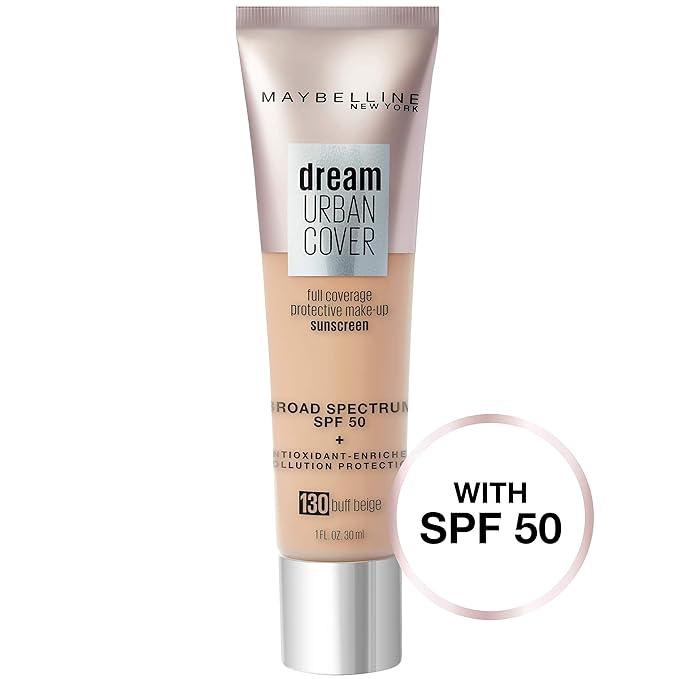 Maybelline Dream Urban Cover Flawless Coverage Foundation Makeup, SPF 50, Buff Beige