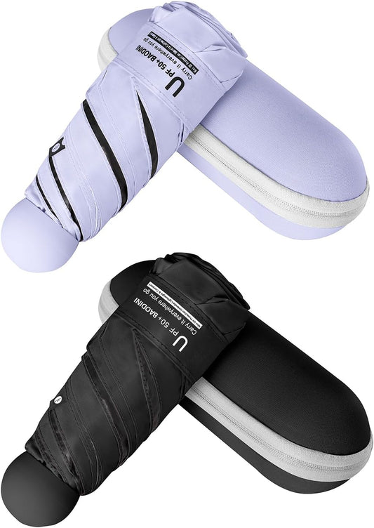 BAODINI Travel Essentials Mini Umbrella for Purse With Case Small Compact UV Sun Protection Lightweight Tiny Pocket Manual Open Close Umbrella for Women Kids and Men Fit Purse Backpack