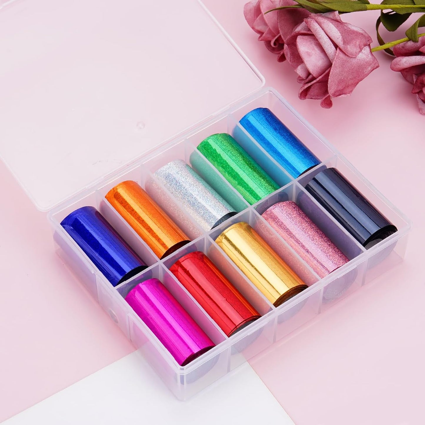 10 Sheets Holographic Nail Art Foil Transfer Stickers - Metallic Color Print Nail Decals 3D Self-Adhesive Stickers DIY Manicure Decoration Kit