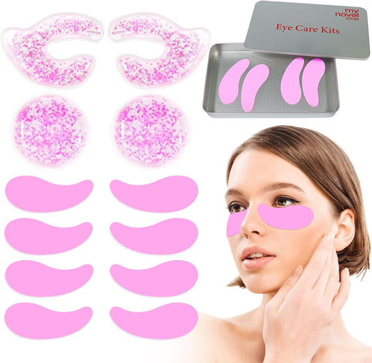 Reusable Eye Face Patches 6 Pairs, Gel Eye Pads Cold Warm Eye Compress and Silicone Under Eye Face Patches for Reduce Puffiness Circles Wrinkle Cooling Eye Mask Ice Packs with Tin Case