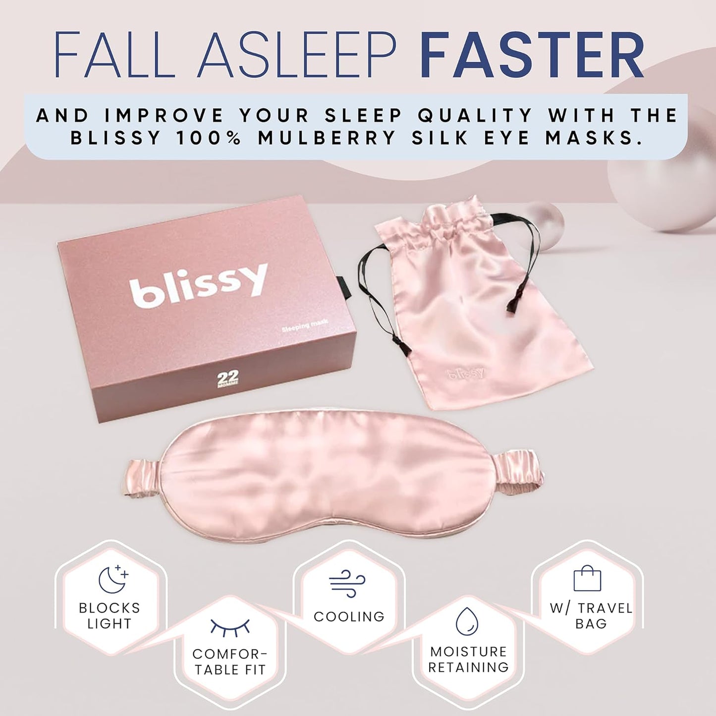 Blissy Silk Sleep Mask - Silk Eye Sleeping Mask for Women & Men for Total Blackout - 100% Pure Mulberry Silk, 22 Momme 6a Fibers - Blindfold Silk Sleep Mask Side Sleeper Eye Cover (Pink)