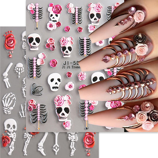 5D Embossed Halloween Nail Art Stickers Decals Cute Skull Flower Nail Sticker White Skeleton Nails Decal Self-Adhesive Nails Art Decal for Women Halloween Decor
