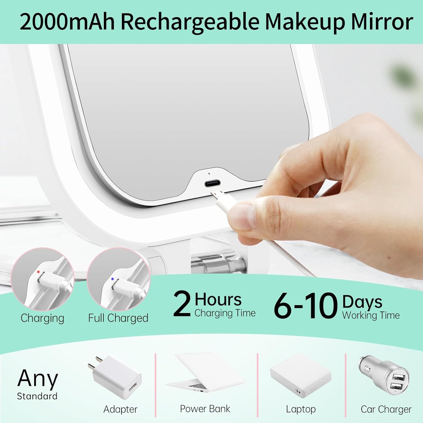 FASCINATE 20X Magnification Rechargeable Travel Makeup Mirror, 7" Lighted Portable Vanity Mirror with 3 Colors Lighting & Stepless Dimming, Double Sided LED Mirror, Gift for Women (White)