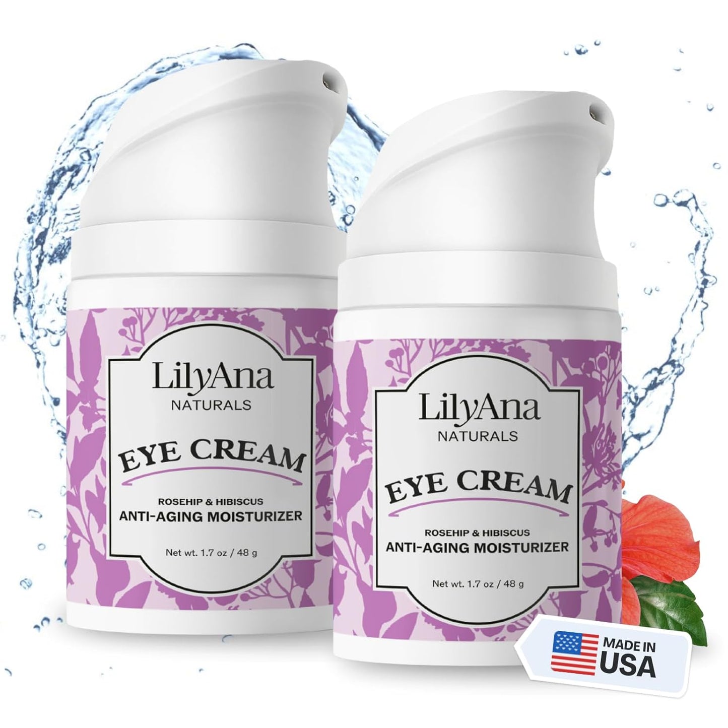 LilyAna Naturals Eye Cream - Eye Cream for Dark Circles and Puffiness, Under Eye Cream, Anti Aging Eye Cream Reduce Fine Lines and Wrinkles (1.7 Ounce (2-pack), Rosehip and Hibiscus (Bottle))