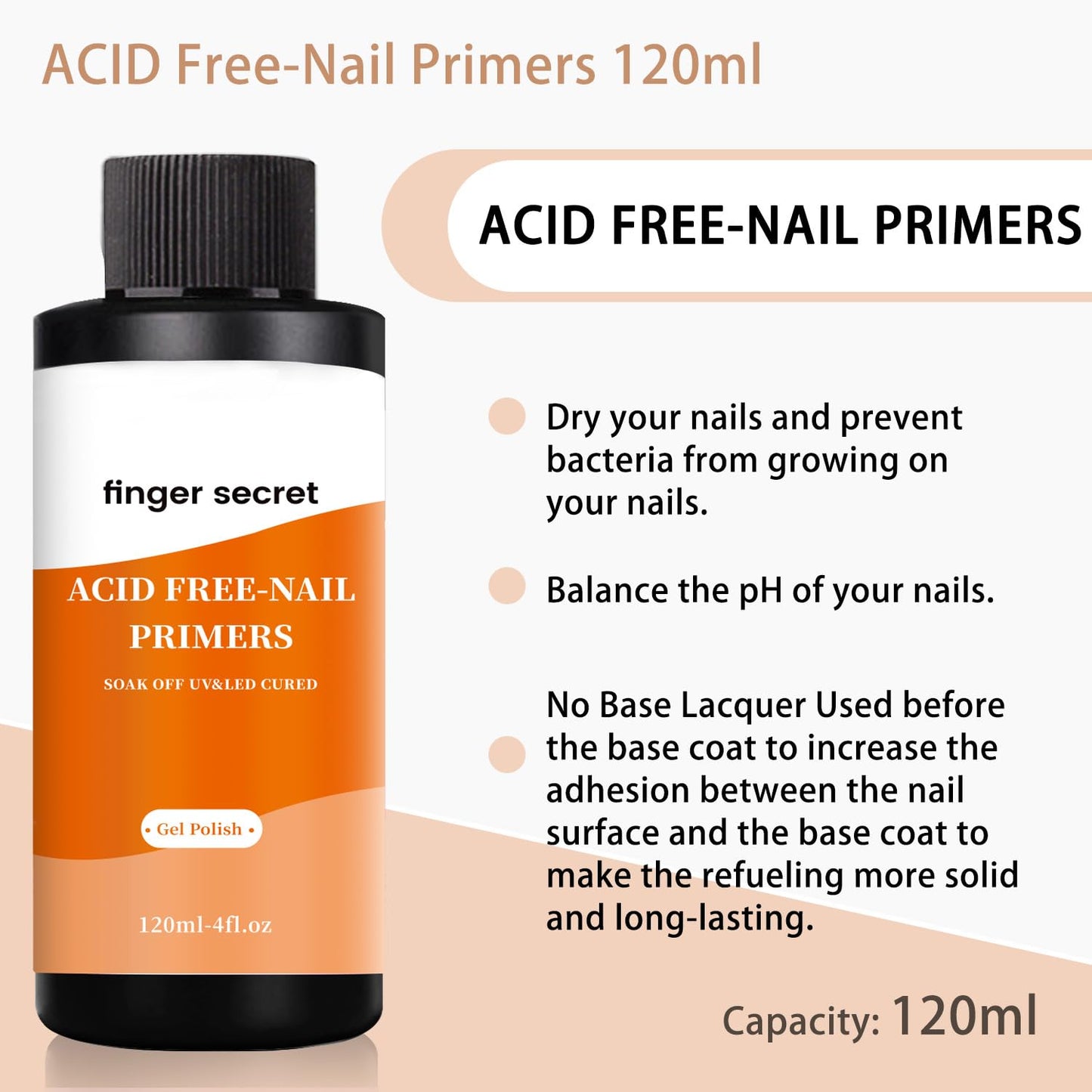 Acid Free Nail Primer,120ml/4fl.oz Acid Free Primer,Fast Air Dry for Gel Nails,Bonding Primer for Any Acrylic Powder Nail Supplies