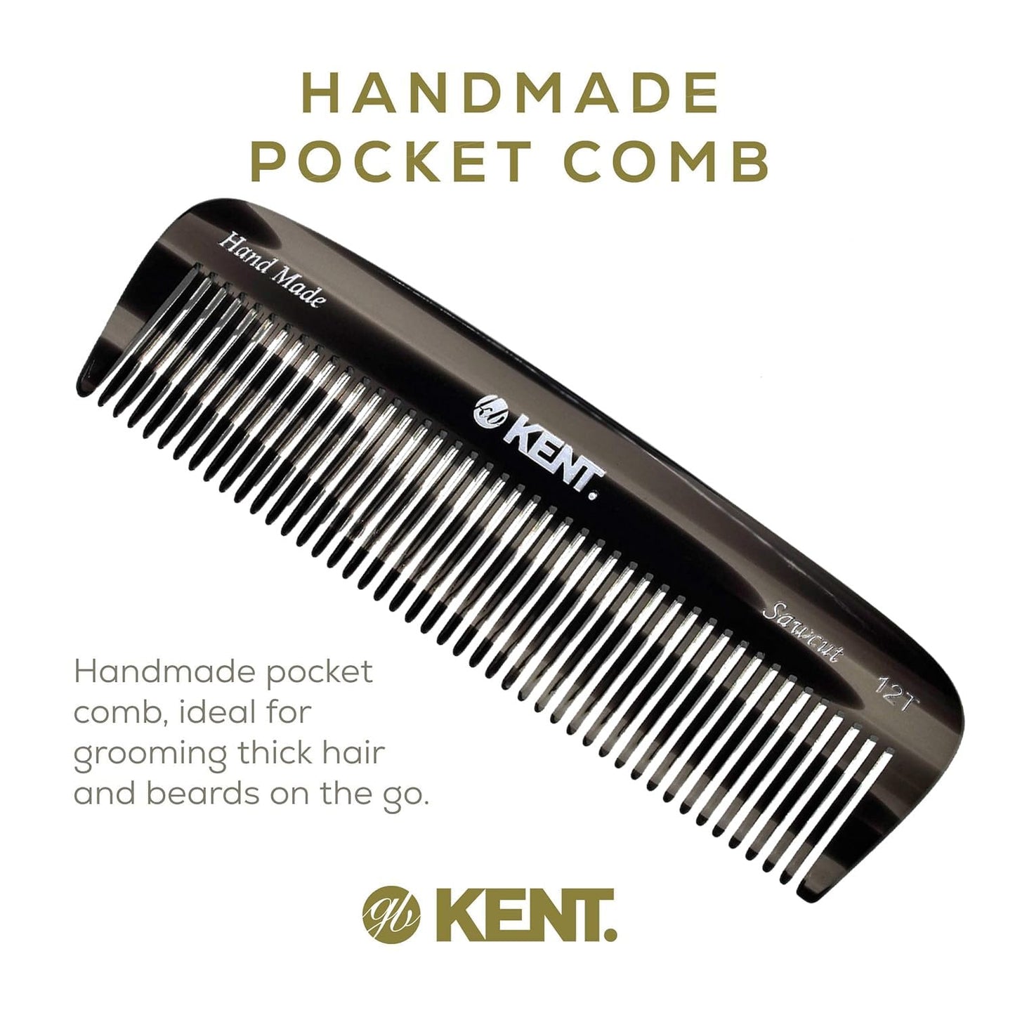 Kent 12T G Wide Tooth Detangling Comb - Handmade Pocket Comb for Thick, Curly, Wavy Hair - Large Tooth Hair and Beard Grooming Comb - Saw-Cut and Hand Polished