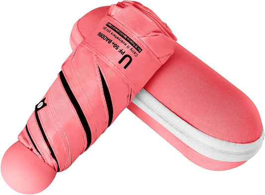 BAODINI Travel Essentials Mini Umbrella for Purse With Case Small Compact UV Sun Protection Lightweight Tiny Pocket Manual Open Close Umbrella for Women Kids and Men Fit Purse Backpack