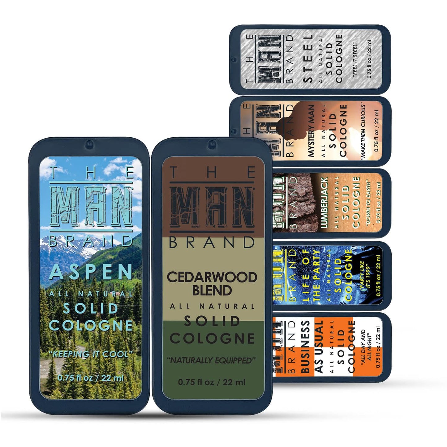 Mens Sample Solid Cologne Pack with Aspen, Lumberjack, Cedarwood Blend, Mystery Man, Life of the Party, Steel, and Business as Usual (Play Daily Solid Cologne Sampler Set - 7 Pack - 0.75 oz each)