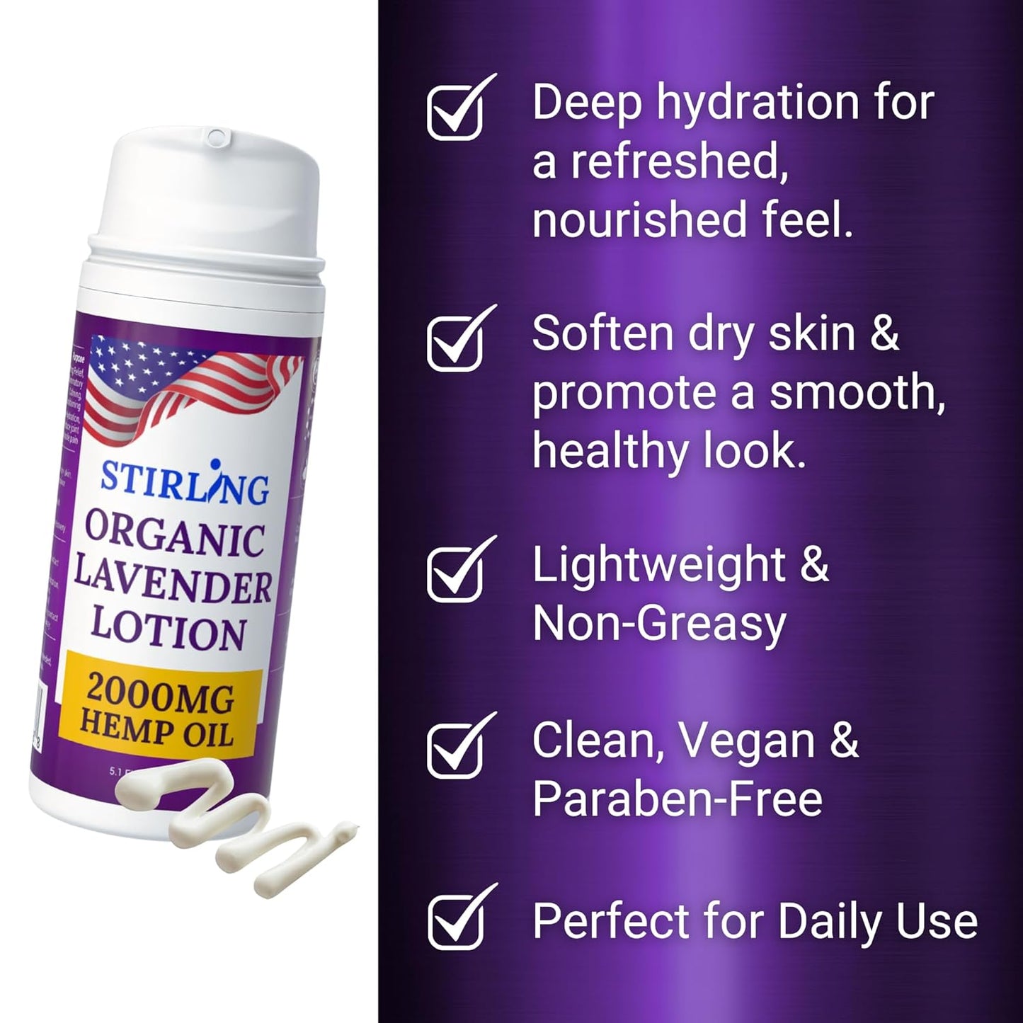 STIRLING Lavender Lotion – Organic Lavender with 2000mg Hemp Oil, Aloe Vera, and Vitamin E – Nourishing and Moisturizing Body Lotion for a Soft and Smooth Feel