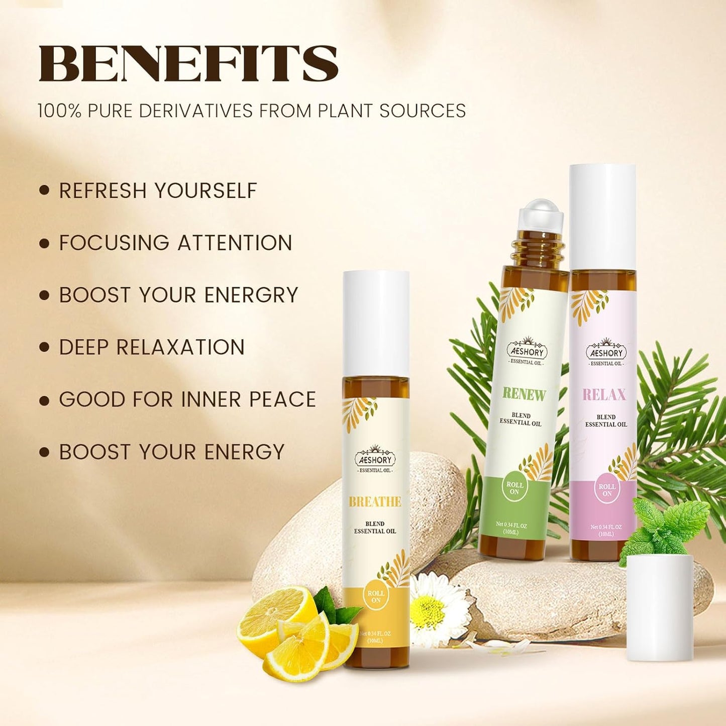 Essential Oils Roll On Set(Calm, Relax, Breathe, Focus on, Sleep, Renew), Natural Aromatherapy Oil Blend Kit with Roller Ball for Massage, Body Skin Care, Home, Relaxation Gift for Women & Men