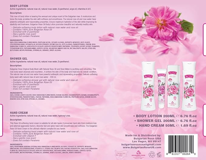 Bulgarian Rose Oil Moisturizing Body Care 3 Piece Gift Set - Natural Rose Body Lotion, Natural Rose Body Wash, Natural Rose Hand Cream