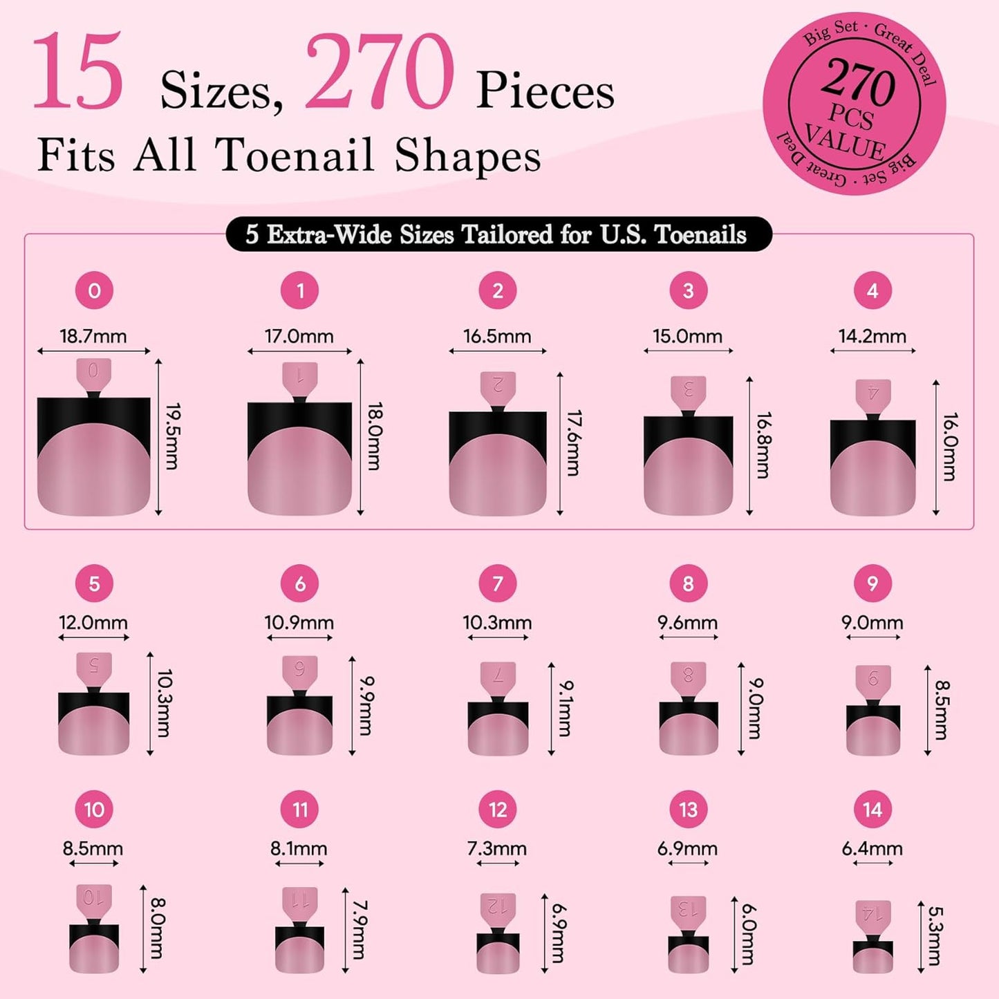 Toenail Press Ons French Tip, Berry Pink Black Elegant False Toe Nail Extension 15 Sizes 270 Pcs Sharp Square Acrylic Tips Pre-applied Nail Primer & Base Coat Full Cover for DIY Home 2025 Summer