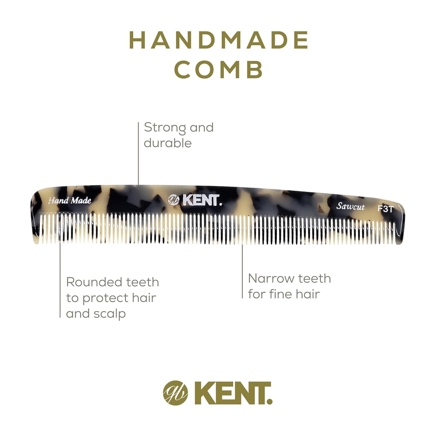 Kent F3T TW Fine Tooth Comb - Hair Parting and Straightening Comb for Men's & Women's Dandruff Remover, Saw Cut and Hand Polished Made in England