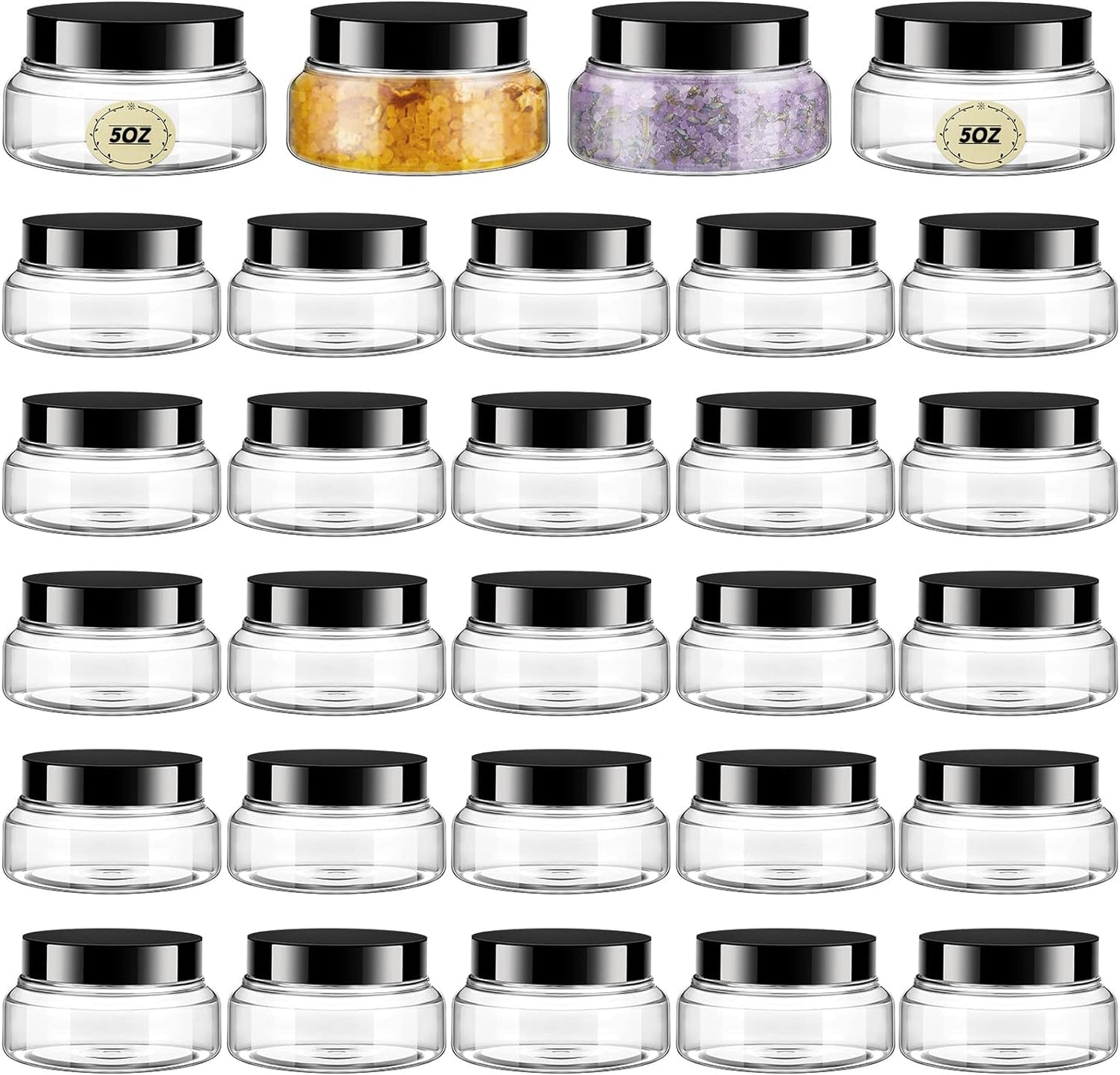 Tessco 24 Pack Plastic Jars with Lids Labels Empty Clear Plastic Jars Round Refillable Cosmetic Containers Body Butter Containers Bulk Sugar Scrub Bottle for Make Up(5 oz,Clear, Black)