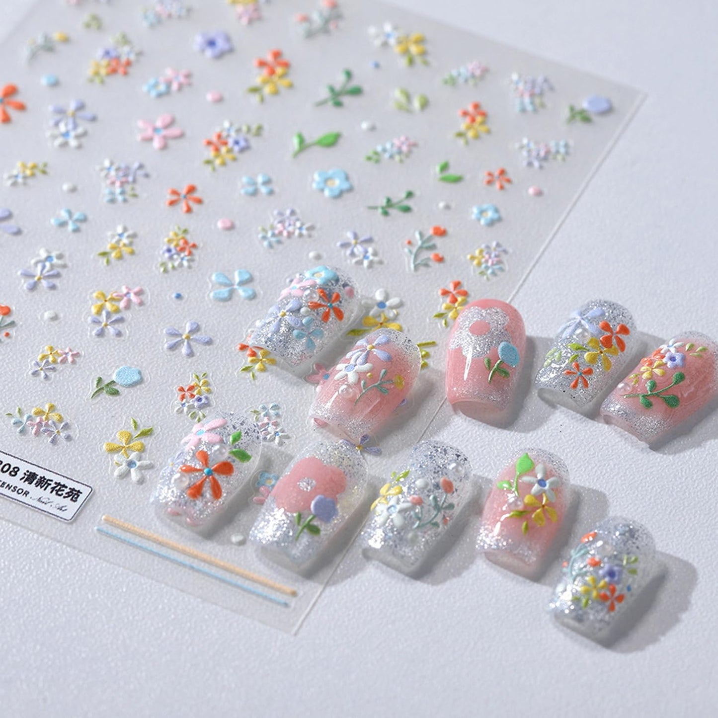 5D Embossed Flower Nail Stickers for Nail Art Summer Floral Leaf Nail Art Stickers Self-Adhesive Cute Nail Decals Supplies Design Sticker(1, Colorful Flower)