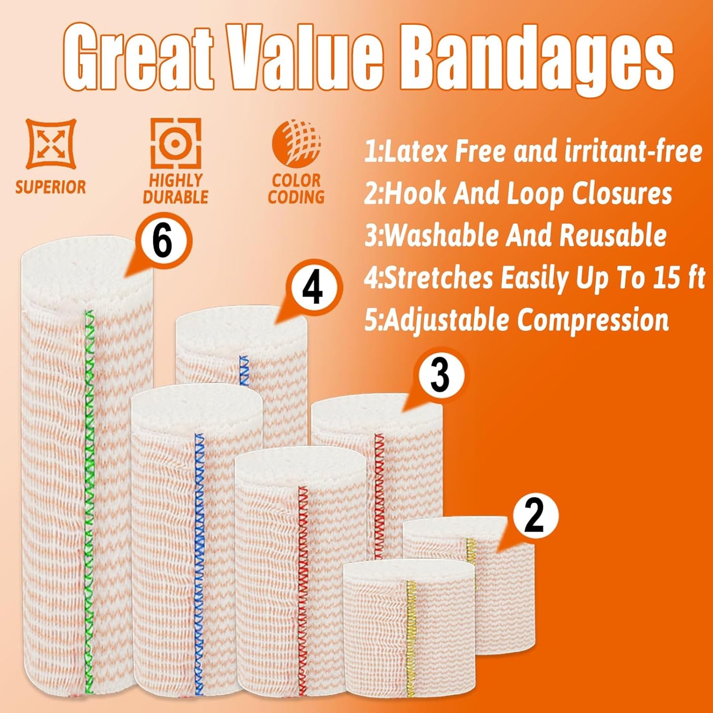 Premium Elastic Bandage Wrap 6 inch 10 Pack Reusable Versatile Self-Closing Compression Bandage Wraps for Ankles, Wrists Knee, Tummy and Body Cotton Lymphedema Wraps for Legs Latex-Free