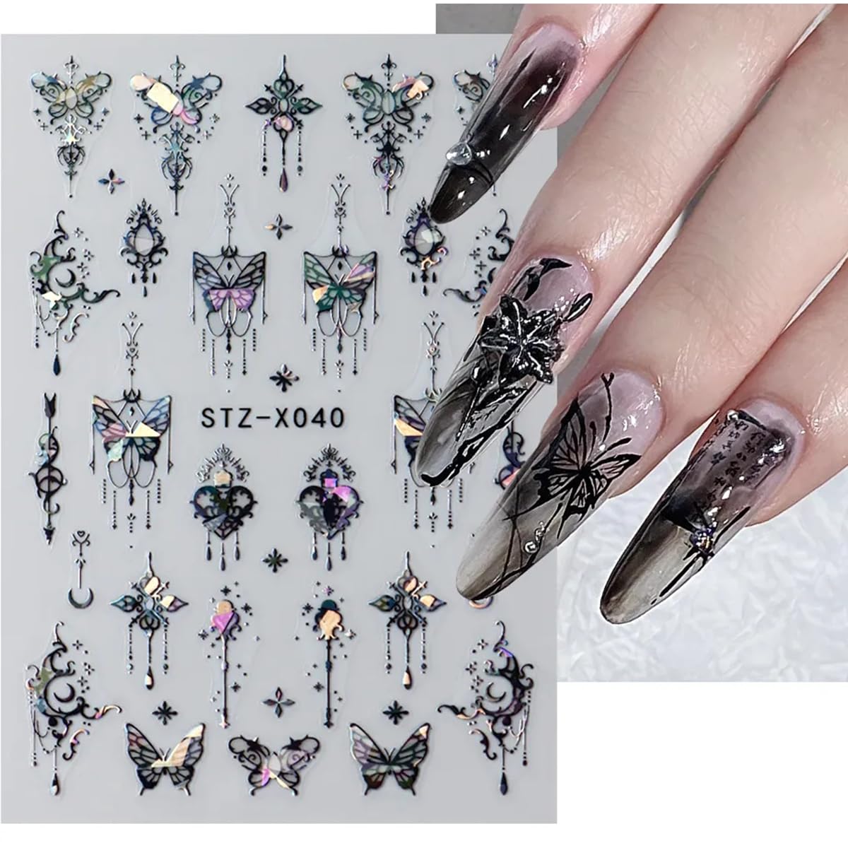 8 Sheets Holographic Butterfly Nail Art Stickers - 3D Self-Adhesive Designer Decals for Nail Art Charms - Blue White Glitter Nail Design for Women Nail Decor