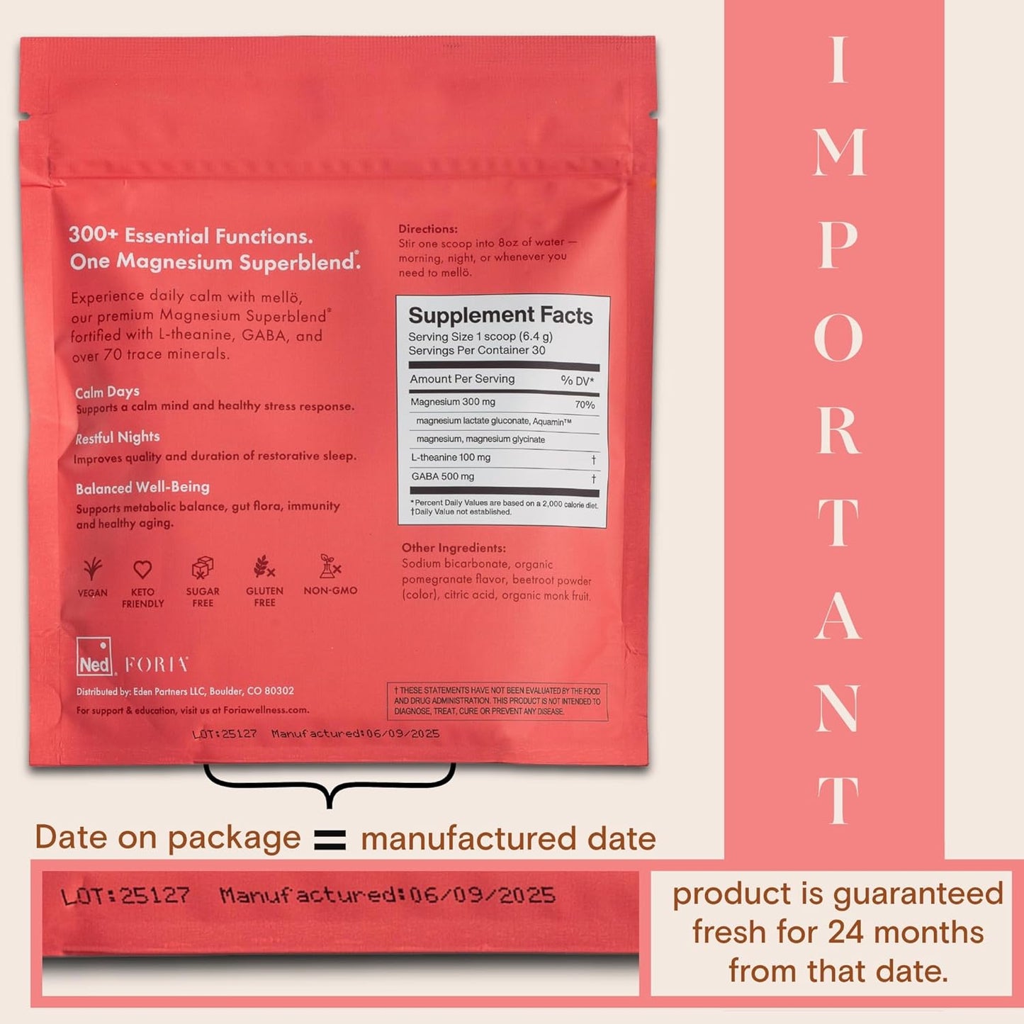 mellö Magnesium Supplement Superblend Powder - Magnesium Glycinate with L-Theanine, GABA, and 70 Trace Minerals - Supports Sleep, Relaxation, Balanced Energy - Pomegranate Flavor, 30 Servings