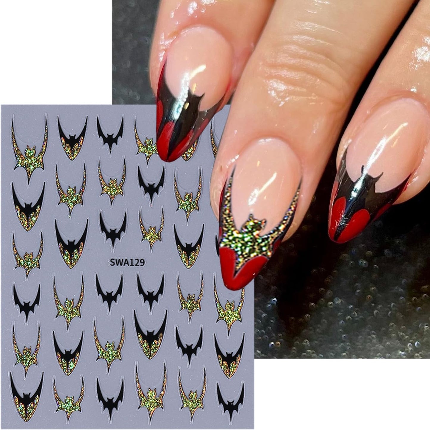 6 Sheets Halloween Nail Stickers for Nail Art Gold Glitter Bat Nail Art Stickers 3D Self-Adhesive Holiday Nail Decals Silver Bat Nail Design Sticker for Women Halloween Manicure Decoration
