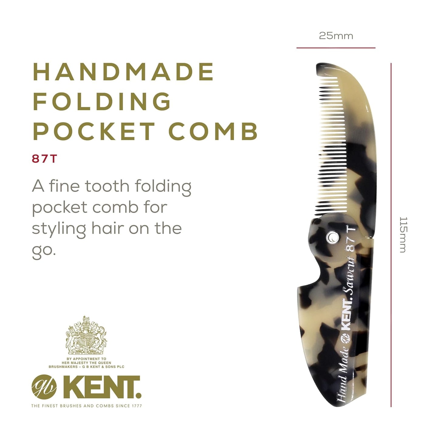 Kent 87T TW Handmade Folding Pocket Comb for Men, Fine Tooth Hair Comb Straightener for Everyday Grooming Styling Hair, Beard or Mustache, Use Dry or with Balms, Saw Cut Hand Polished, Made in England