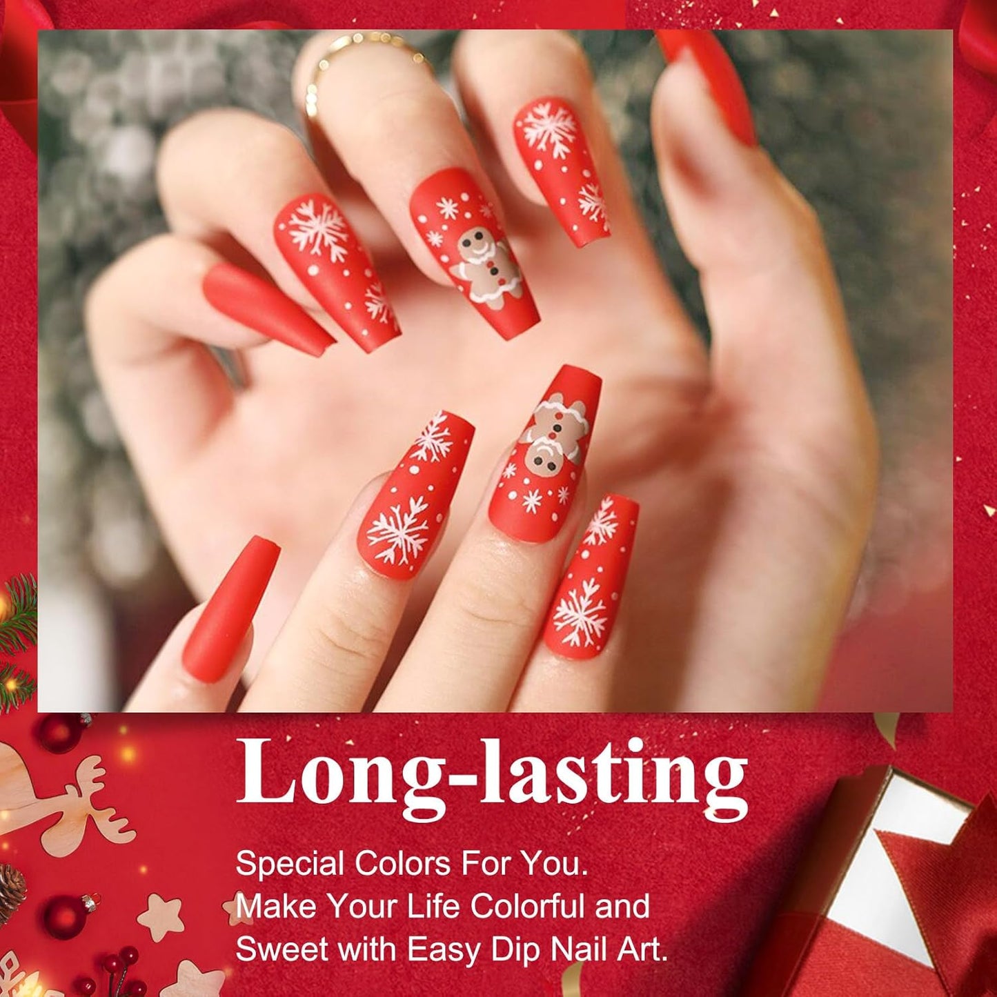 Honey Joy Dip Powder Nail Kit Starter, 4 Colors Christmas Glitter Red Green Blue Dipping Powder Liquid Set with Base Top Coat for Nail Art Manicure Salon DIY, Dip-7pcs-No.15