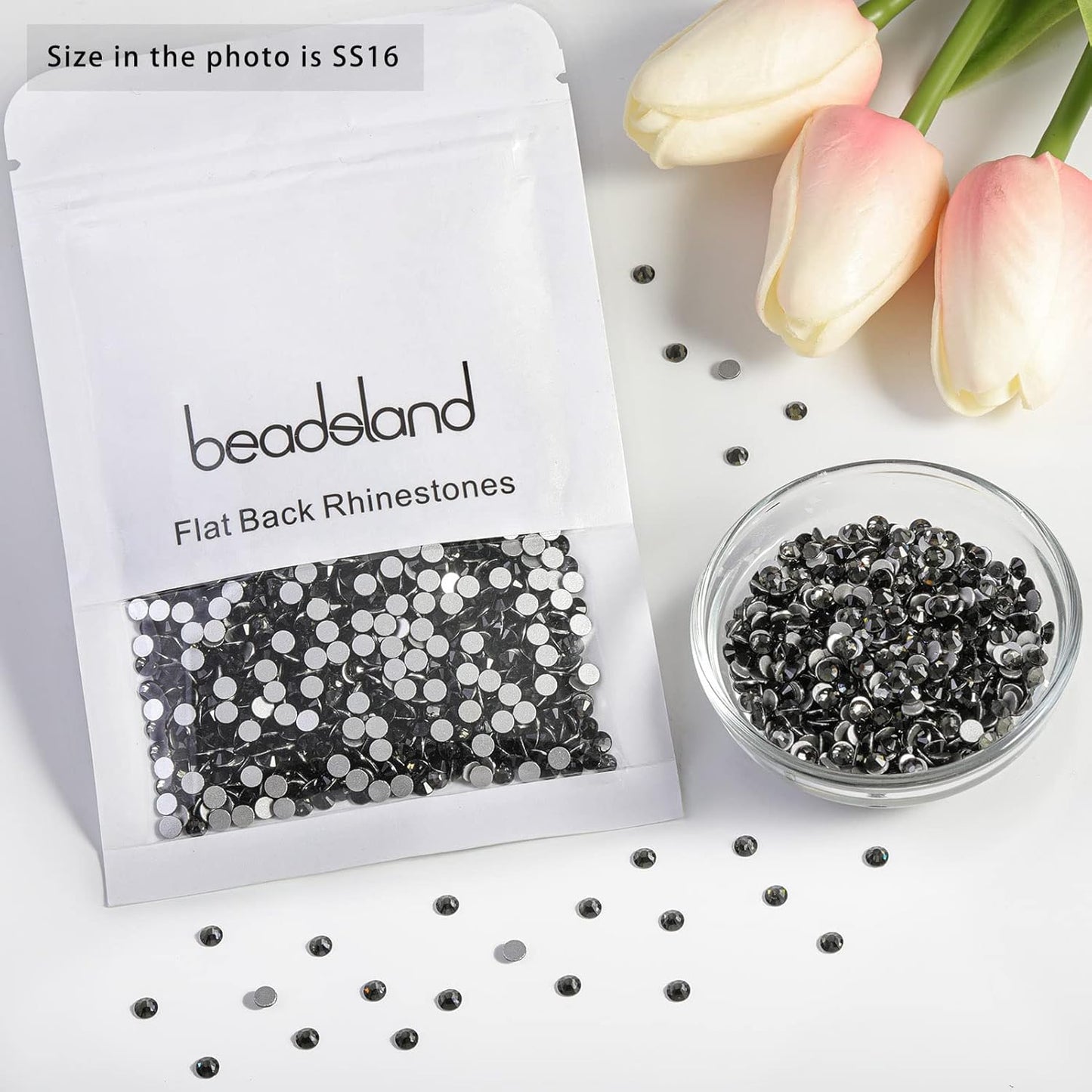 beadsland Flat Back Crystal Rhinestones Round Gems for Nail Art and Craft Glue Fix,Black Diamond (3.8-4.0mm) SS16/1440pcs
