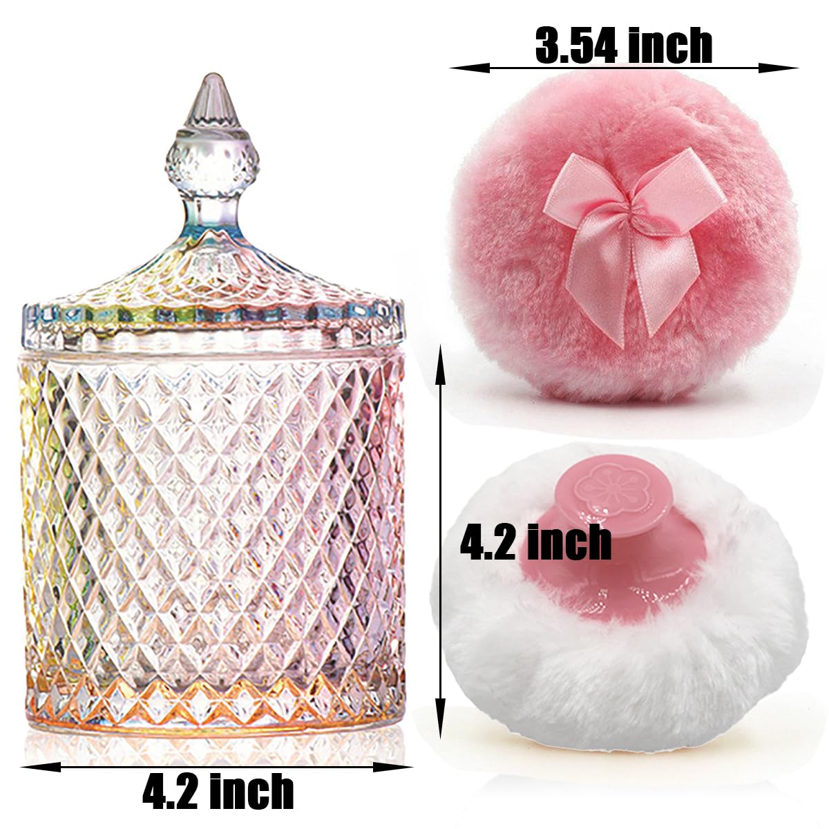 Luxury 4.2 Inch Glass Powder Container with 2 Plush Puffs｜Non-Sealed Refillable Organizer for Body Powder&Makeup｜Setting Powder Applicator w/Loose Powder Storage(Pointed Cylinder-Colorful-Large)