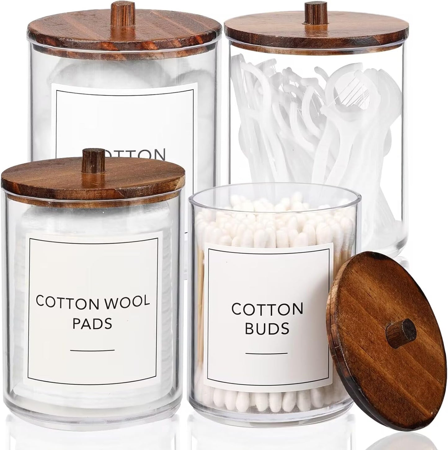 4 Pack Qtip Holder Dispenser with Wood Lids - 10 oz Clear Plastic Apothecary Jar Containers for Vanity Makeup Organizer Storage - Bathroom Accessories Set for Cotton Swab,Pads, Ball, Floss
