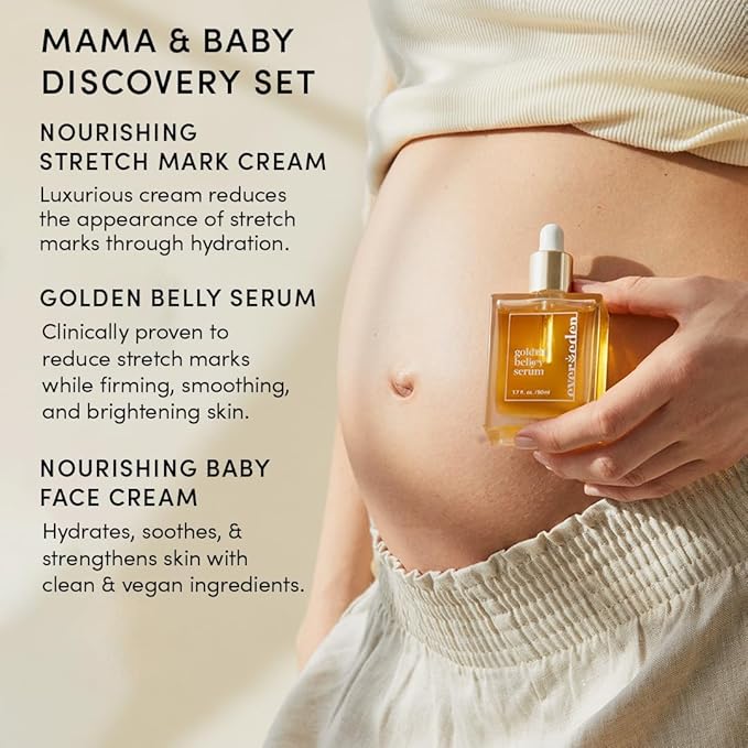 Evereden Mama & Baby Discovery Set - Dermatologist-Developed Clean & Vegan Maternity Skin Care Bundle - Stretch Mark Cream, Belly Serum, & Nourishing Baby Face Cream - Postpartum Gifts for New Mom