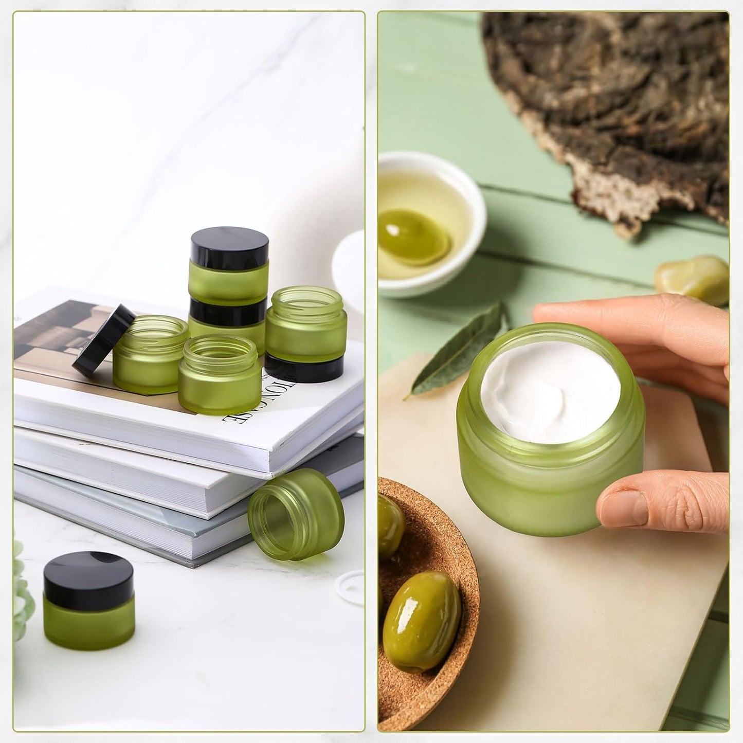 Domensi 100 Pcs 1 oz Glass Jars with Lids Bulk Round Glass Cosmetic Jars Lids 1 oz Small Travel Containers with Inner Liner for Lotions Powders Ointments Sample Cream(Bean Green,Black)