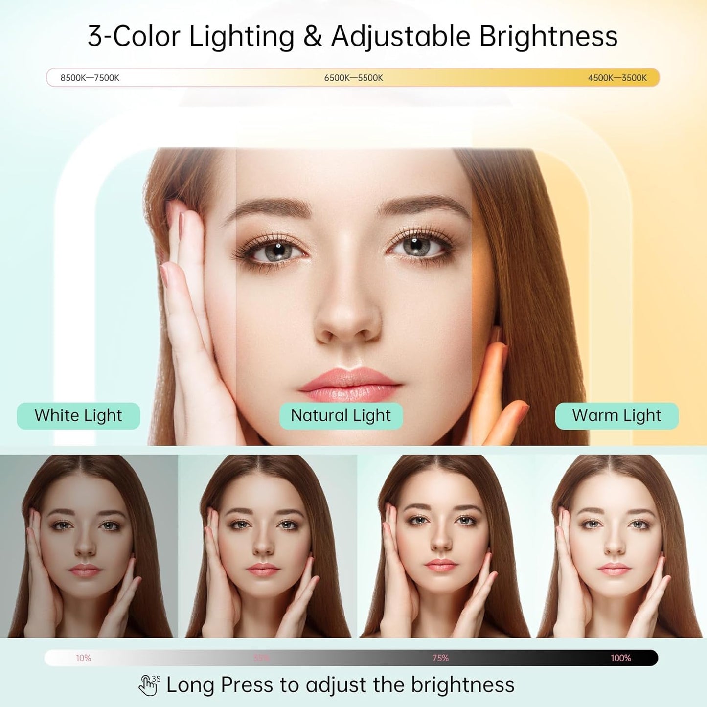 FASCINATE 20X Magnification Rechargeable Travel Makeup Mirror, 7" Lighted Portable Vanity Mirror with 3 Colors Lighting & Stepless Dimming, Double Sided LED Mirror, Gift for Women (White)