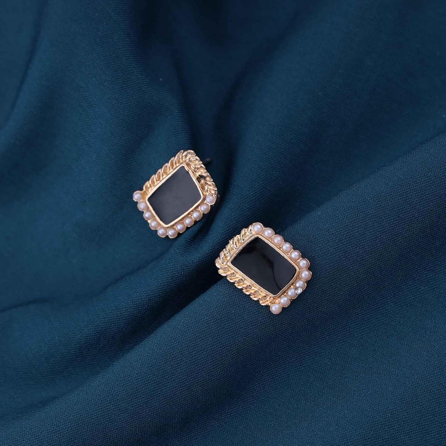 Vintage Black Square Earrings Onyx Square Stud Earrings Black Enamel Square Earrings Tiny Pearl Square Stud Earrings Jewelry for Women