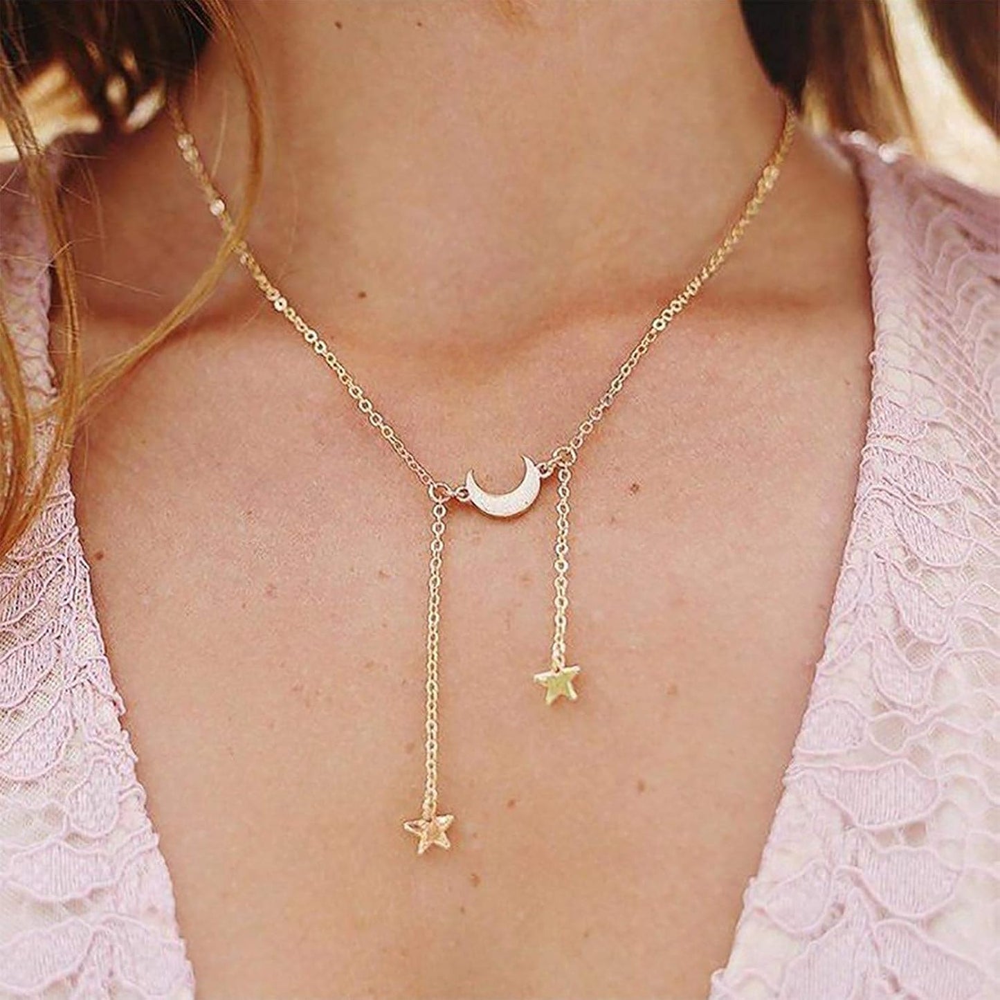 Boho Gold Y Necklace Double Star Arch Moon Pendant Necklace Fashion Star Moon Necklace Jewelry for Women