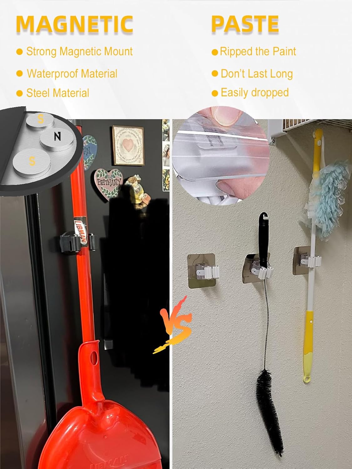 Magnetic Broom Holder for Refrigerator, No Drilling Magnetic Broom Holder Black Steel Magnetic Tool Mount for Home, Kitchen, Laundry, Garage, Workshop - 2 Pack Black+2 Pack Grey