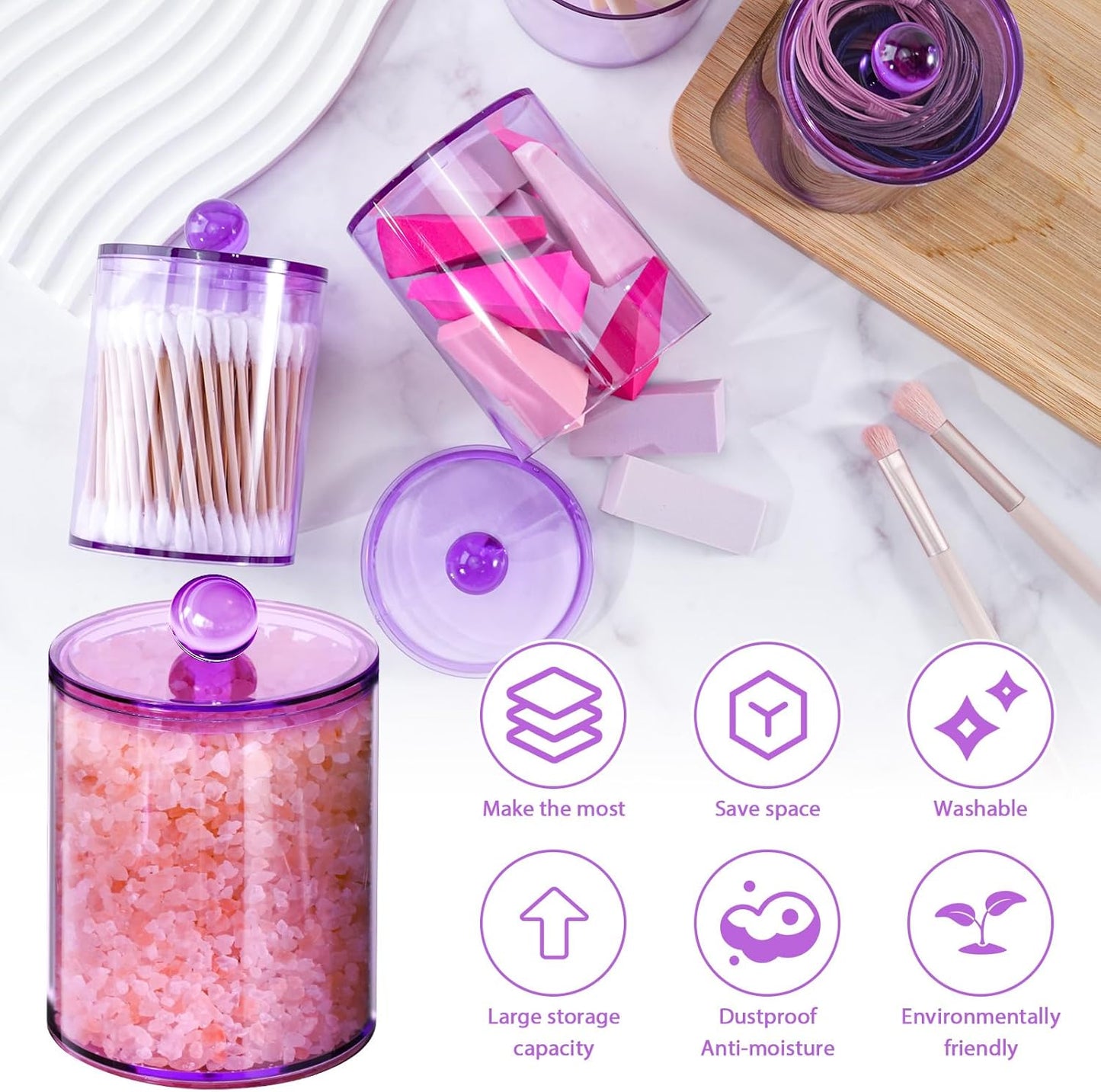 2 Pack Qtip Holder,Canister Apothecary Jar Set, Bathroom Jars with Lids Set for Cotton Swabs, Balls, Pads, Floss Picks,10oz-12oz Plastic Canisters Restroom Bedroom Vanity Organizer(Purple)