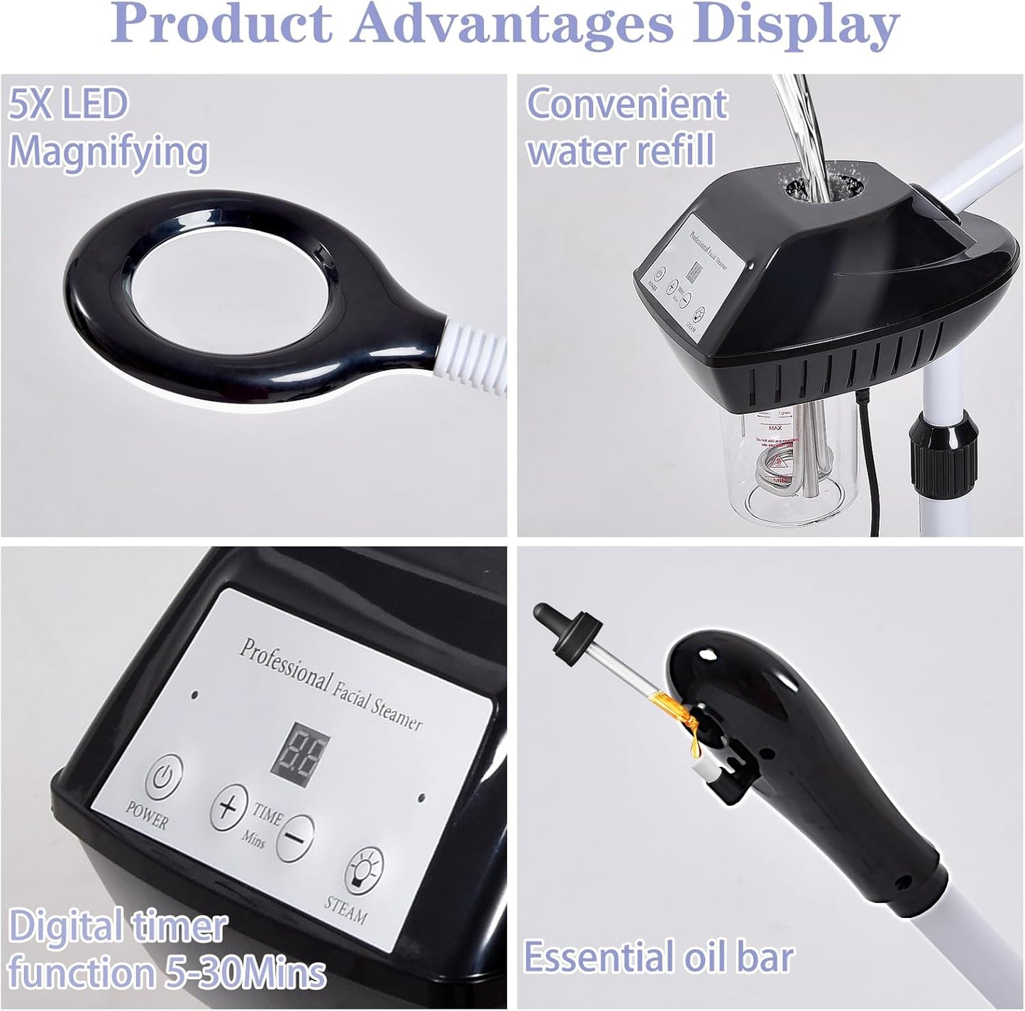 Professional Facial Steamer, 2 in 1 Facial Steamer with 5X Magnifying Lamp for Deep Cleansing and Hydration, Face Steamer on Wheels with Time Setting, Estheticians Steamer for Spa, Salon and Home Use