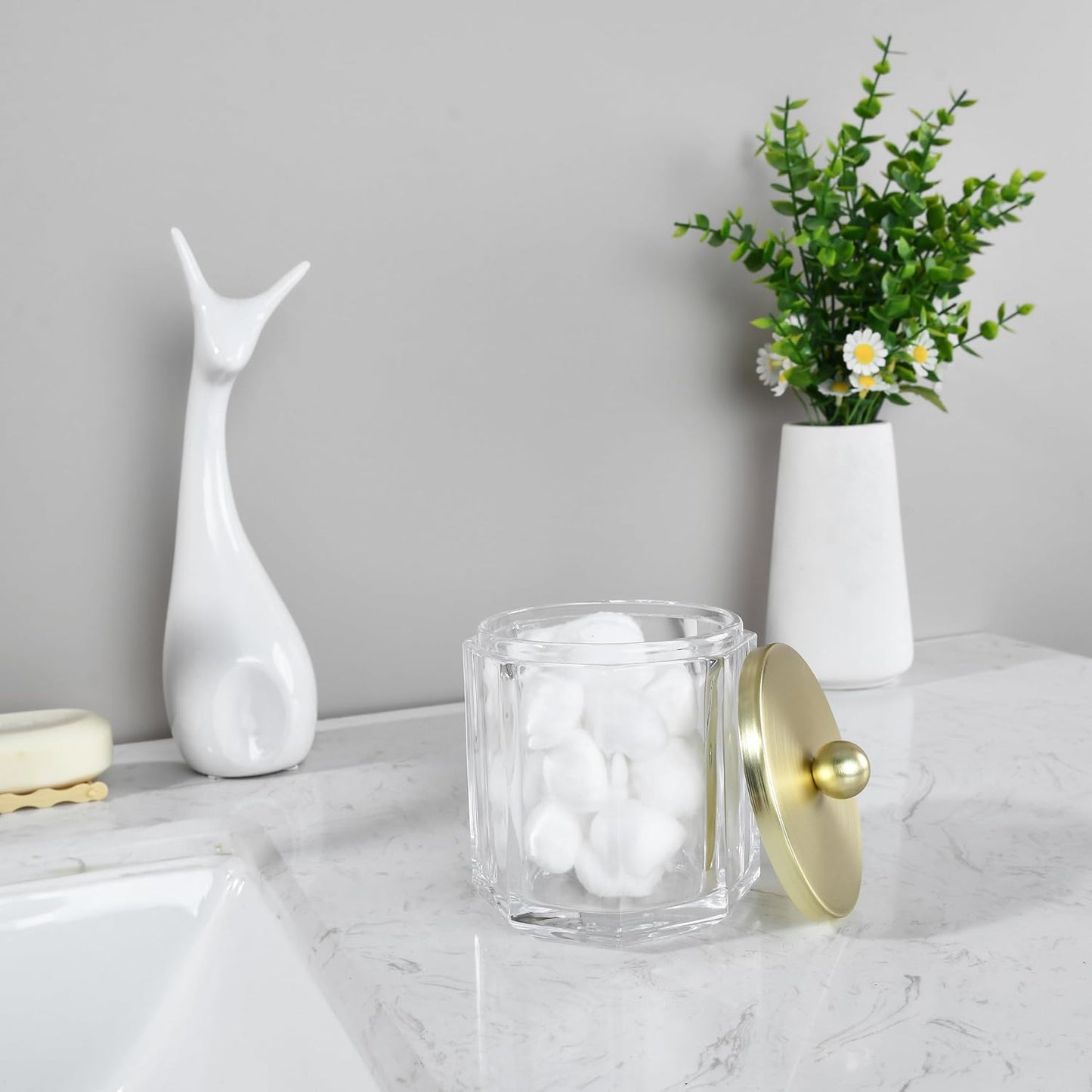 Home Glass Cotton Jar Holder Matte Gold Lid, Elegant Bathroom Storage Canister for Qtips, Cotton Balls, Floss, Makeup Organizer, Vanity Bathroom Organization