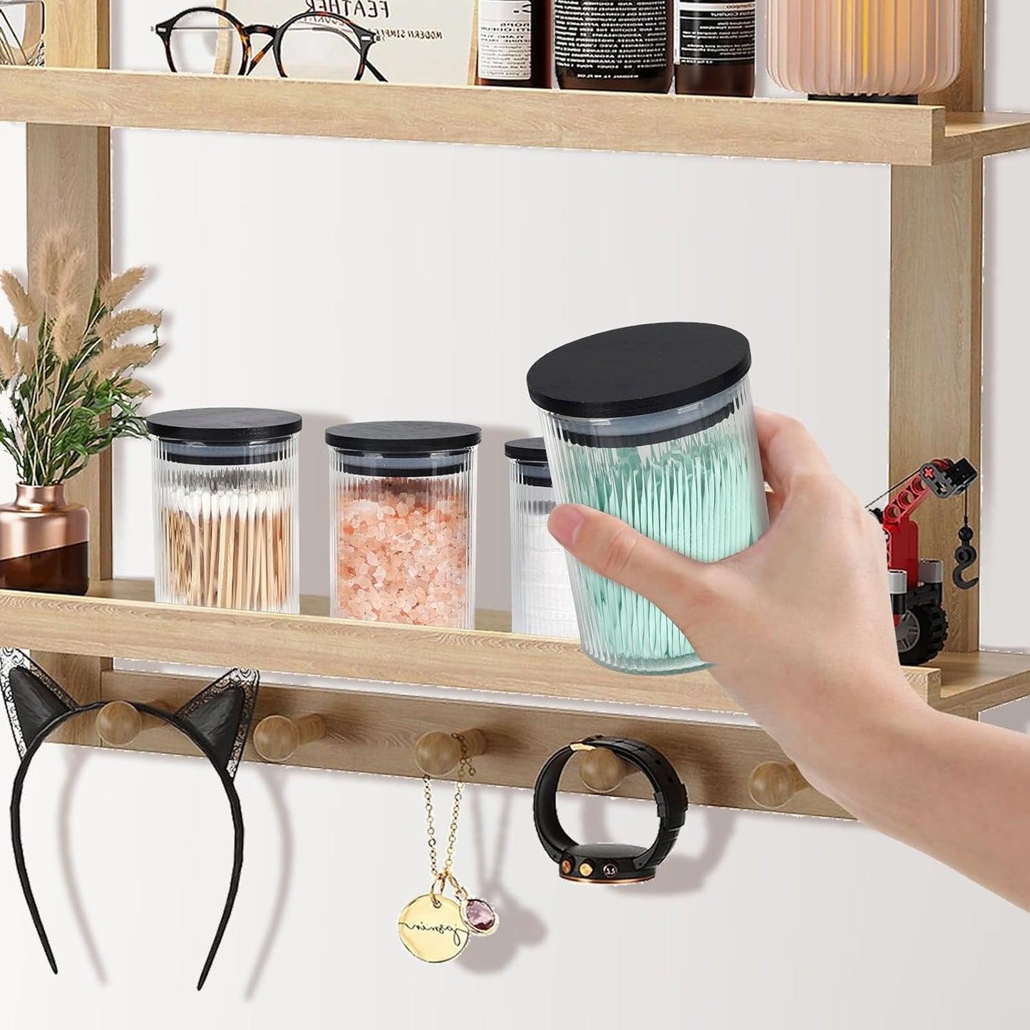 2 Pack Ribbed Glass Qtip Holder Dispenser Set - Apothecary Jars with Lids - Bathroom Canister Storage Organizer and Vanity Makeup Organizer for Cotton Ball, Cotton Swab, Cotton Round Pads,Floss