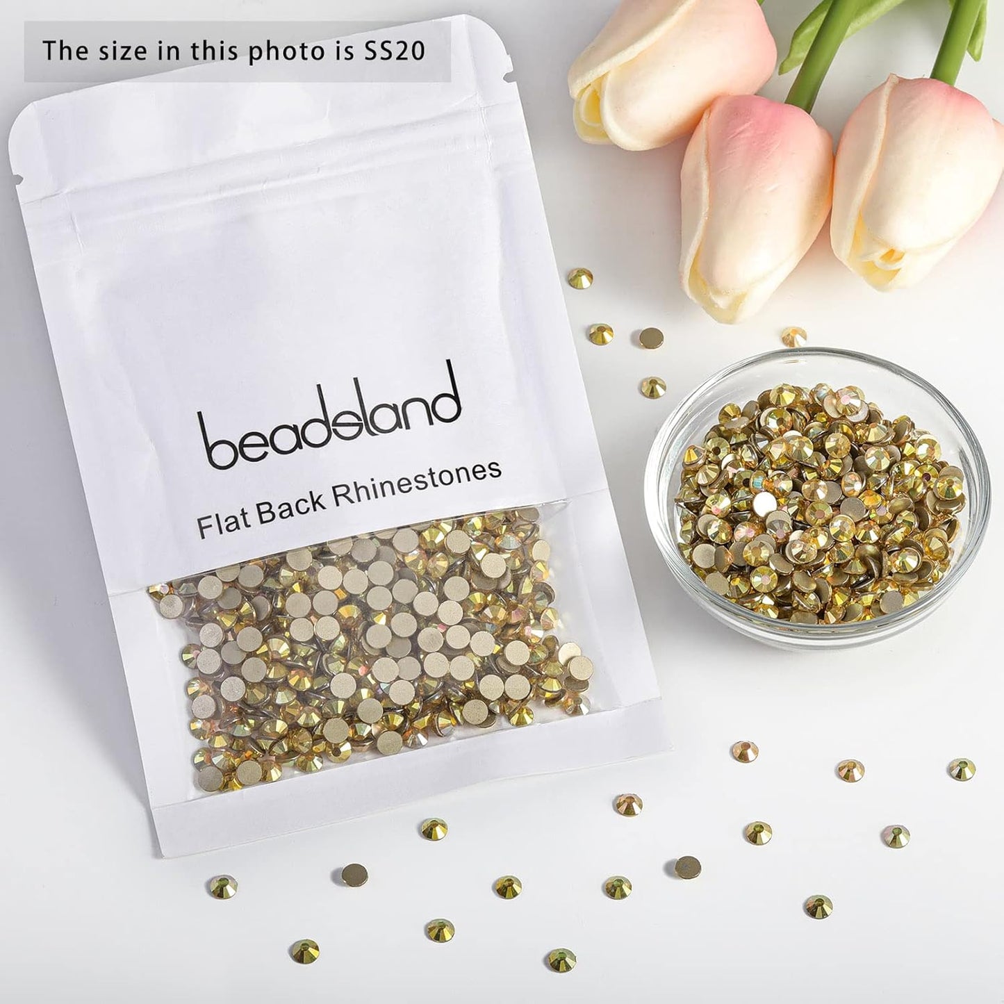 beadsland Flat Back Crystal Rhinestones Round Gems, Metal Sunlight (4.6-4.8mm) SS20/1440pcs