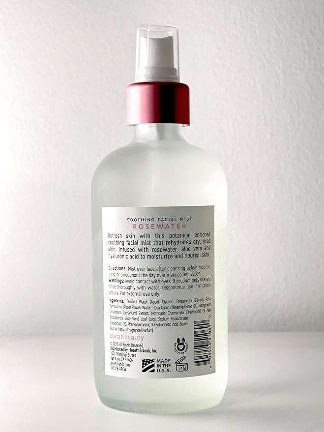 Clean Beauty Rosewater Soothing Facial Mist with Aloe Vera & Hyaluronic Acid - Hydrates, Refreshes & Plumps | Soothe Dry, Irritated Skin (8 Fl Oz)