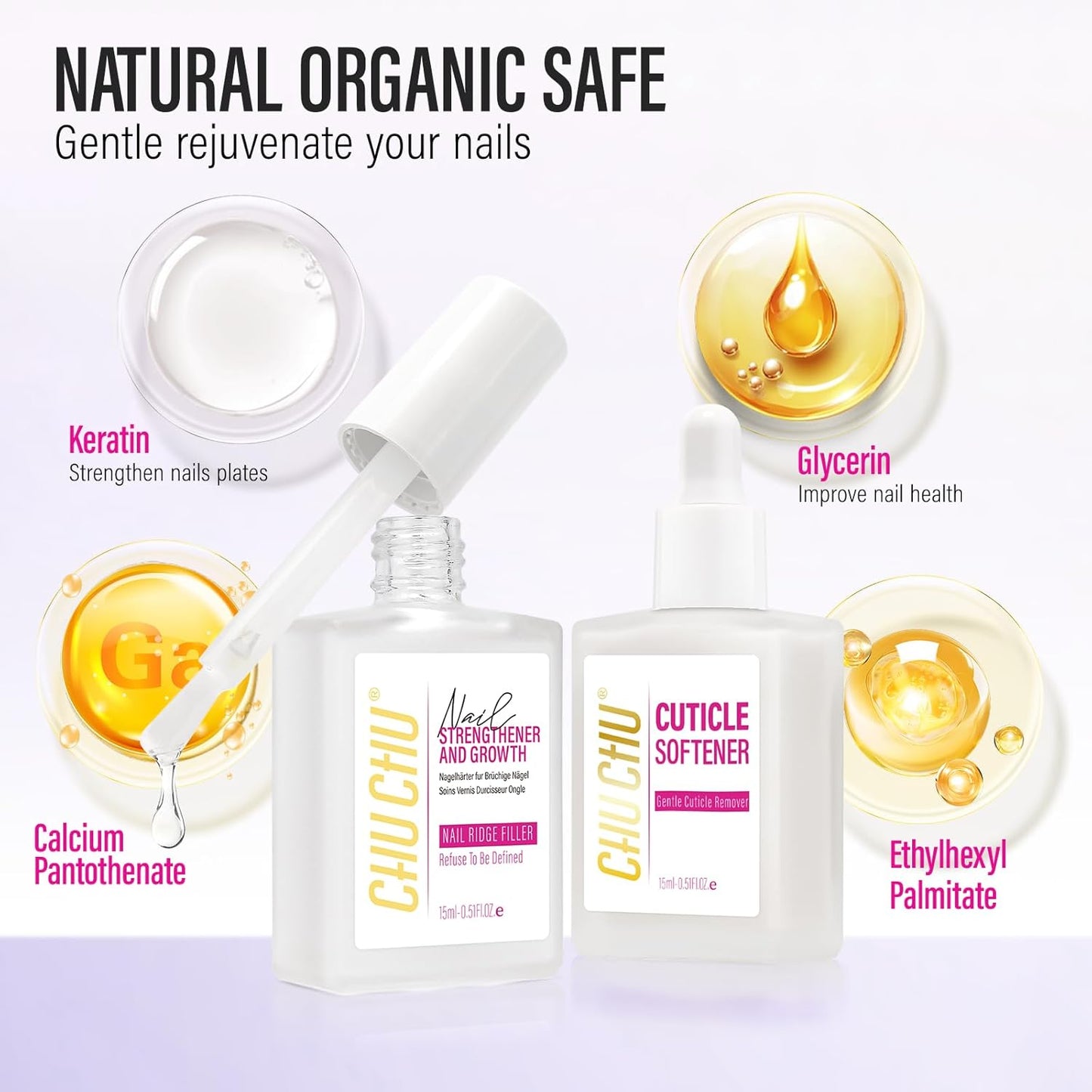 CHUCHU Nail Strengthener and Growth Kit: Clear Hardener and Repair & Cuticle Softener Set - Protein Ridge Filler Polish Quick Dry for Weak Peeling Brittle Splitting Nails - for Women Home Salon