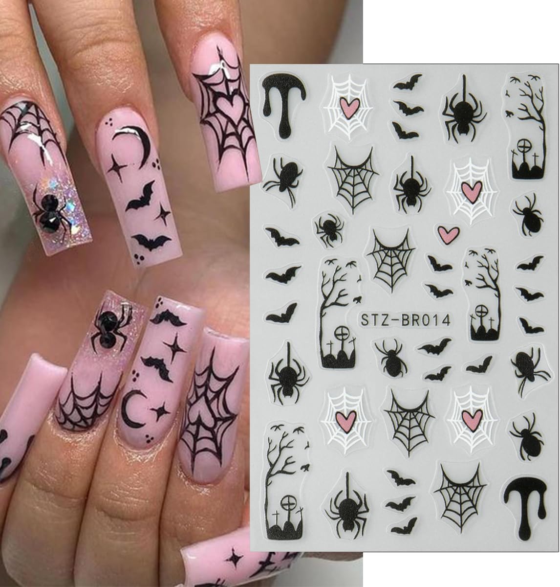 6Pcs Halloween Nail Stickers for Nail Art, Bat Spiders Nail Art Stickers Spider Web Black Rose Skull Ghost Nails Design Decals Halloween Nail Supplies for Women DIY Manicure Decoration Accessories