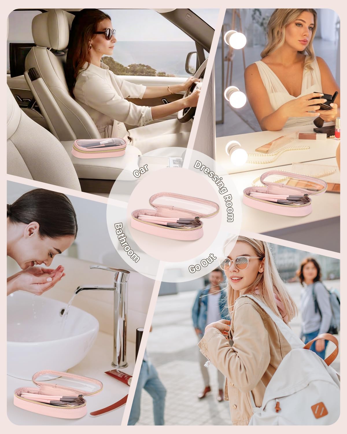 Clear Travel Makeup Brush Holder, Leather Makeup Brush Toiletry Bag, Portable Cosmetic Brush Case, Transparent Waterproof Makeup Brush Storage Bag, Pink, Large