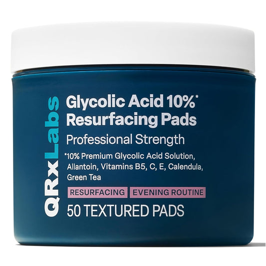 QRxLabs Glycolic Acid Pads - 50-Count Jar, 10% Glycolic Acid - AHA Resurfacing Peel & Exfoliating Face Pads - Alcohol-Free Rinse-Free With Vitamins B5, C & E & Green Tea Extract
