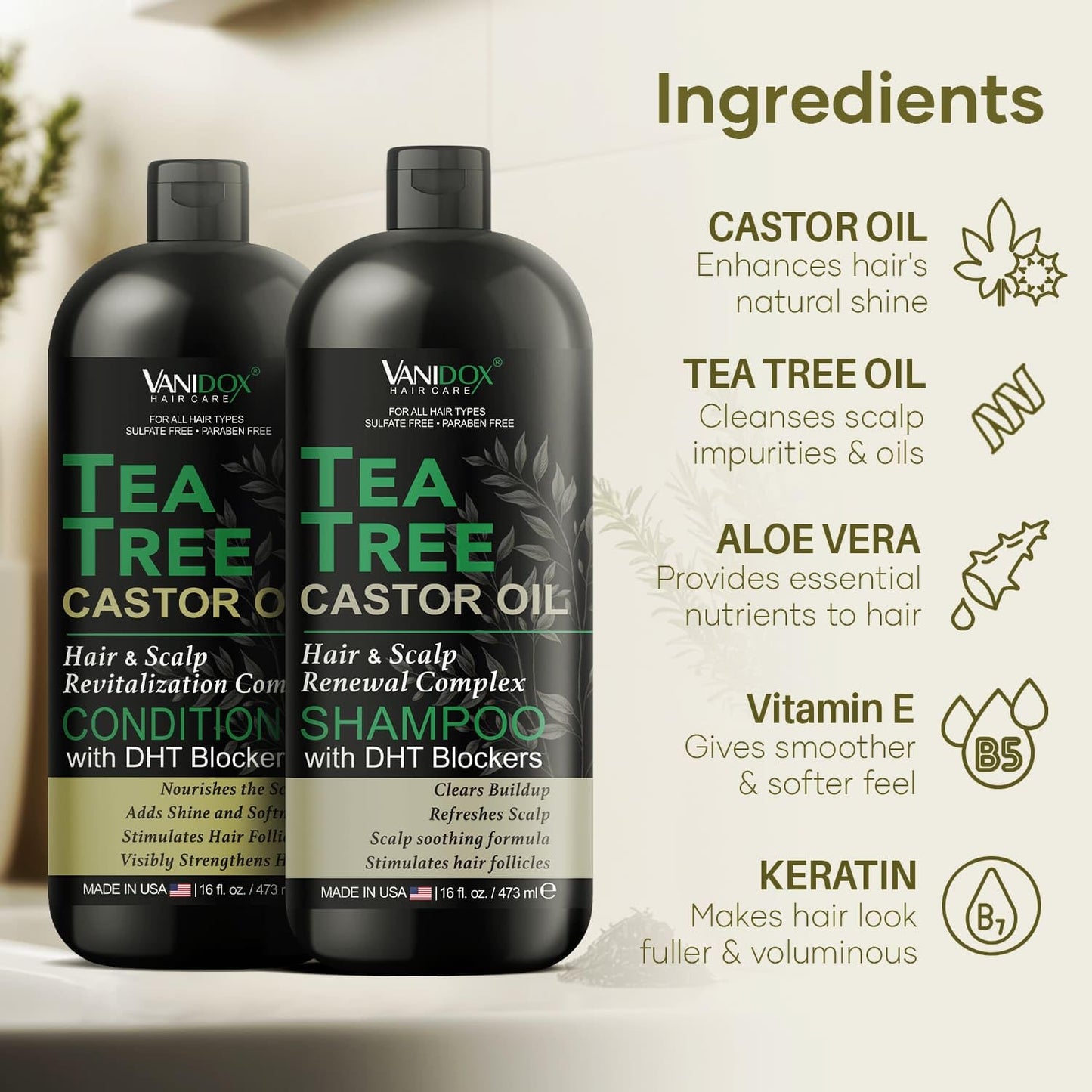 Tea Tree Oil Shampoo and Conditioner Set with Castor Oil, DHT Blockers, Itchy Scalp Relief, Supports Fuller Hair, Cleanses Dandruff & Buildup, For Men & Women, Made in USA, 16 fl oz Each