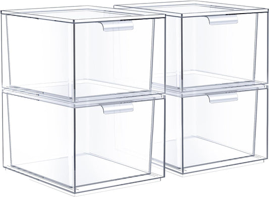 Sorbus Square Clear Stackable Storage Drawers – 4-Pack Plastic Organizer Bins with Handles – Stackable Pull-Out Storage Drawers for Closet, Pantry, Office, Bathroom, Craft, and Toy Organization