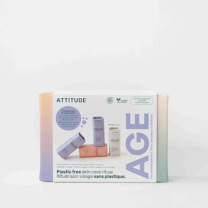 ATTITUDE Oceanly Aging Skin Daily Facial Care Routine Box Set, EWG Verified, Plastic-free, Plant and Mineral-Based Ingredients, Vegan and Cruelty-free, PHYTO AGE, Set of 4 Travel Size Bars